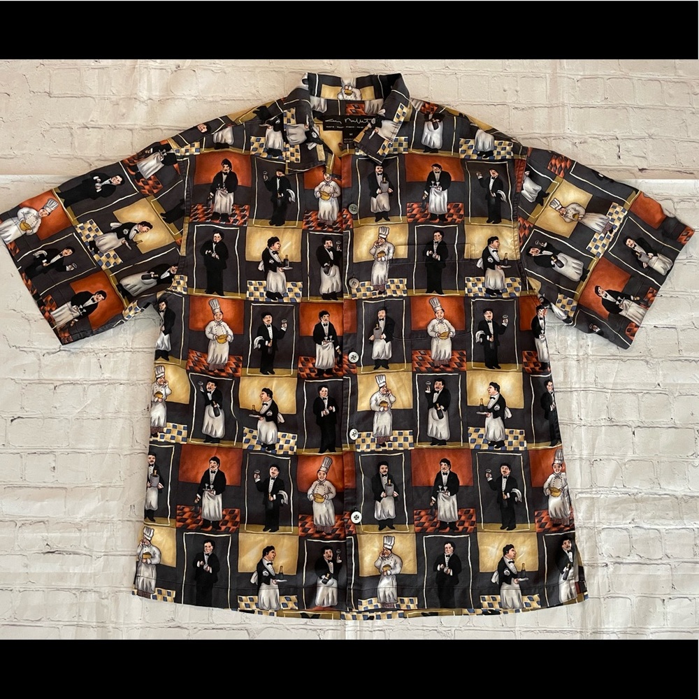 Guy Buffet 100% Silk Artwork Chef & Server Waiter Button Down Shirt Sz MD. Rare!